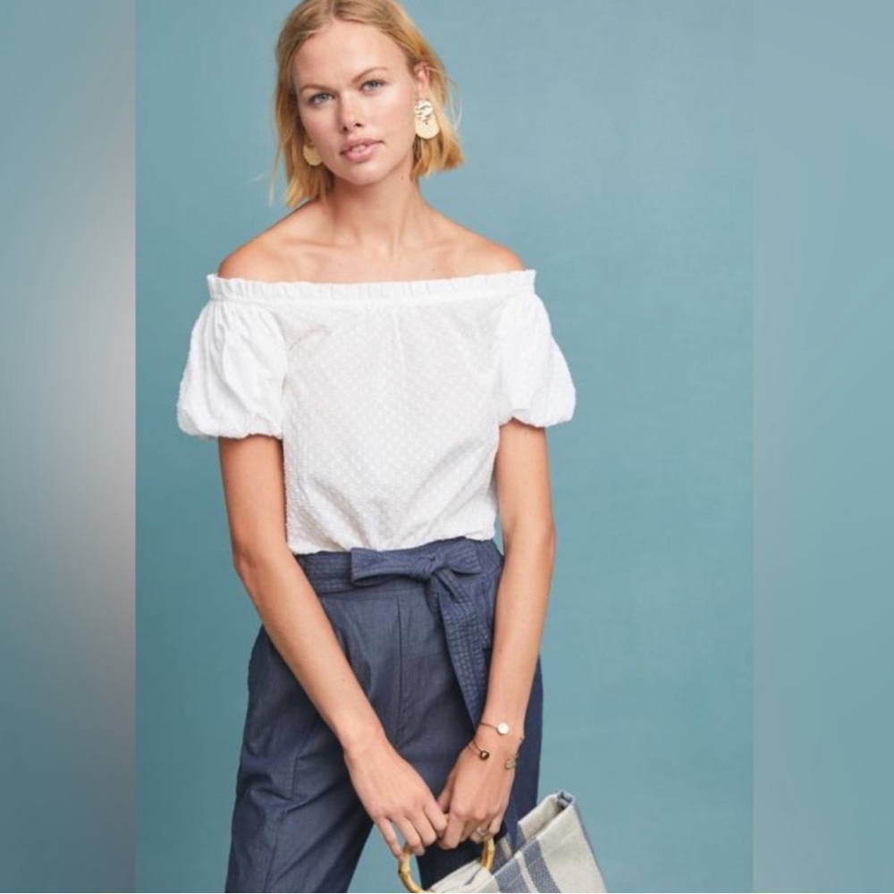 Anthro Maeve Swiss Dot Off the Shoulder Top